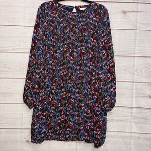 Ophelia Roe Womens Large Black Floral Pleated‎ Long Sleeve Shift Dress Keyhole